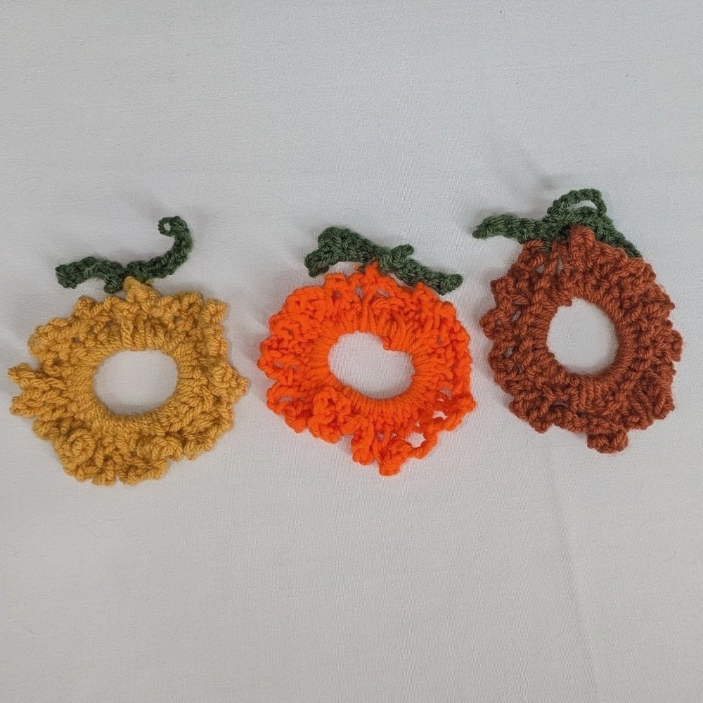 Handmade Crochet Pumpkin Patch Hair Tie Set Fall Autumn Accessories 3pk